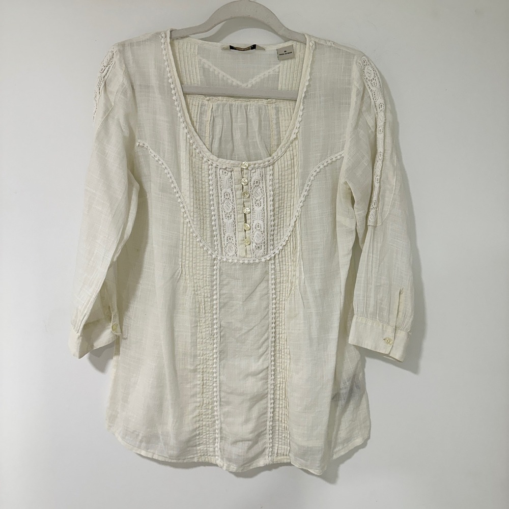 Belldini Top Blouse Womens Medium White Cotton Lace Pintuck Boho Peasant Gauze